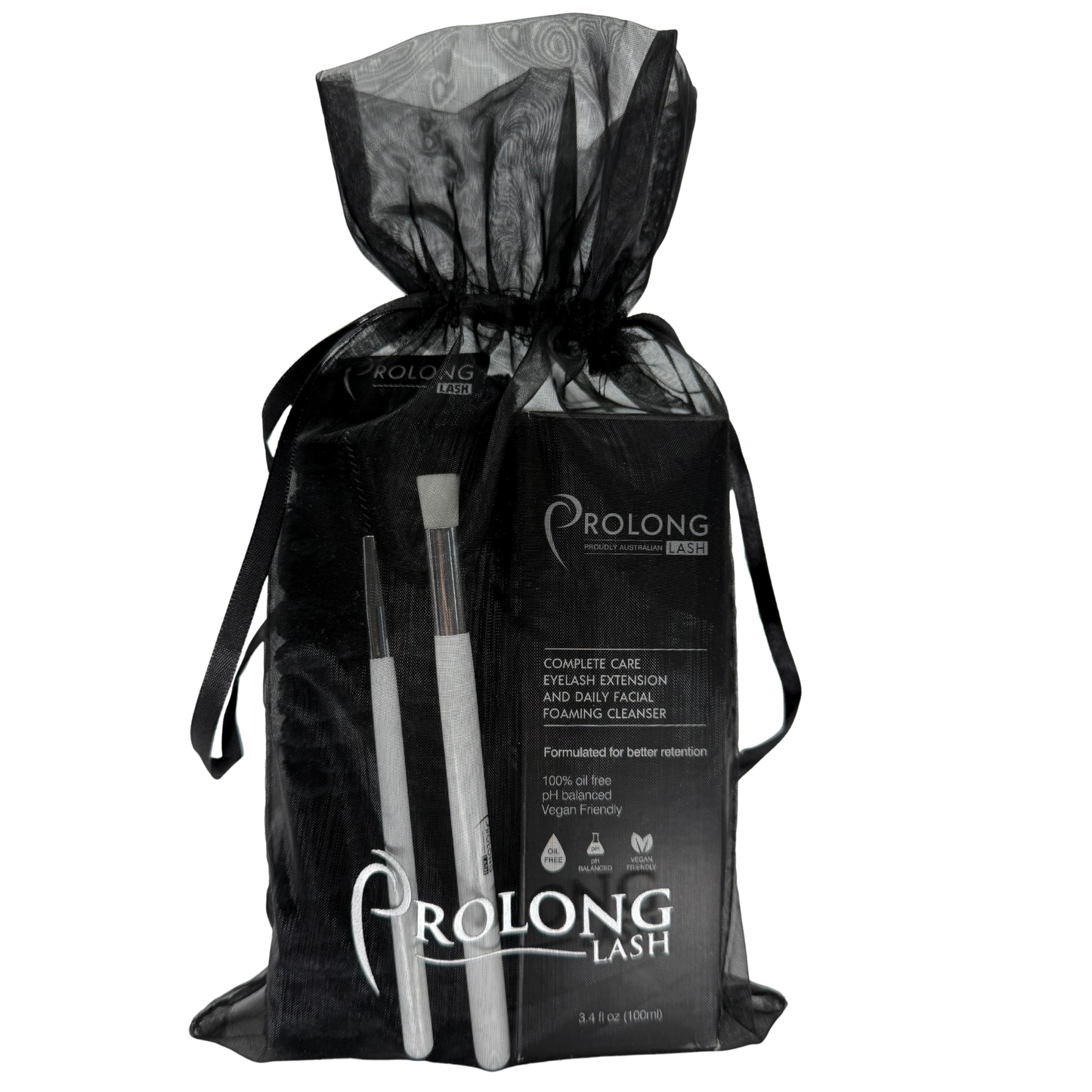 Prolong Lash product set with black drawstring bag on a white background