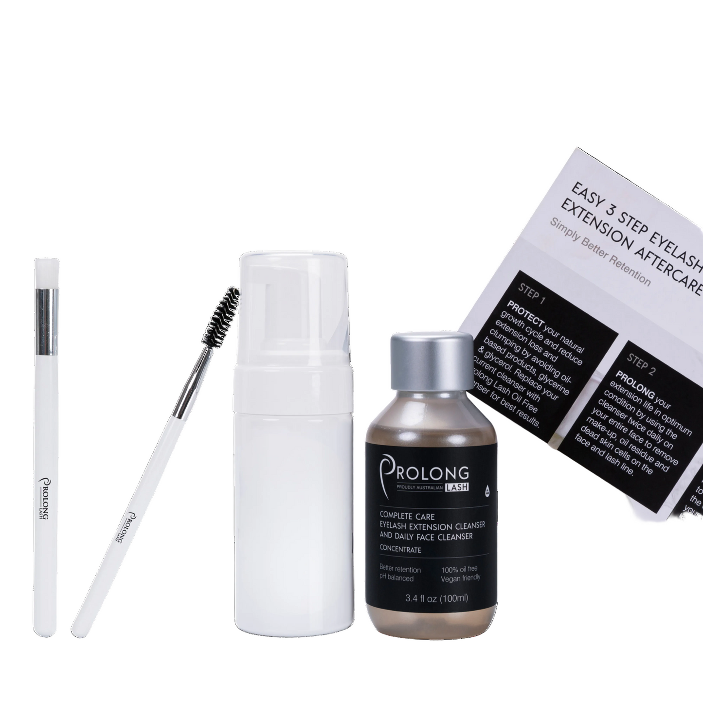 Eyebrow care products including a brush, bottle, and box on a white background