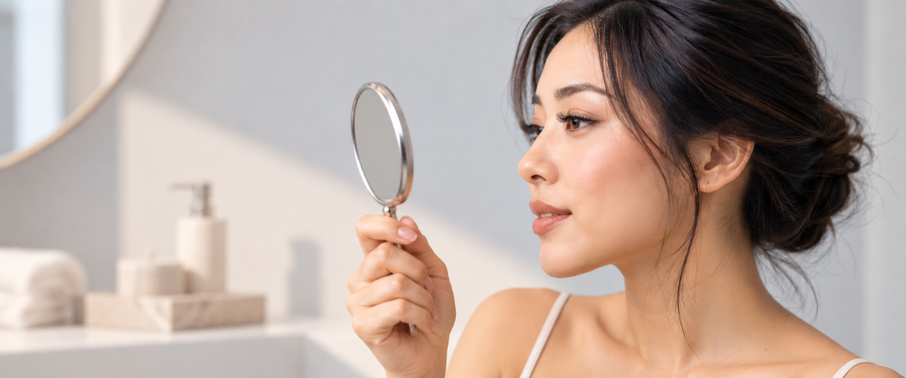 Woman inspecting lash extensions for application issues