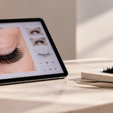 Digital lash mapping design on a tablet beside eyelash extension strips and application tweezers.