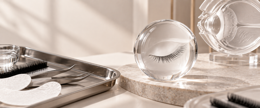 Lash tools arranged for professional ocular safety.
