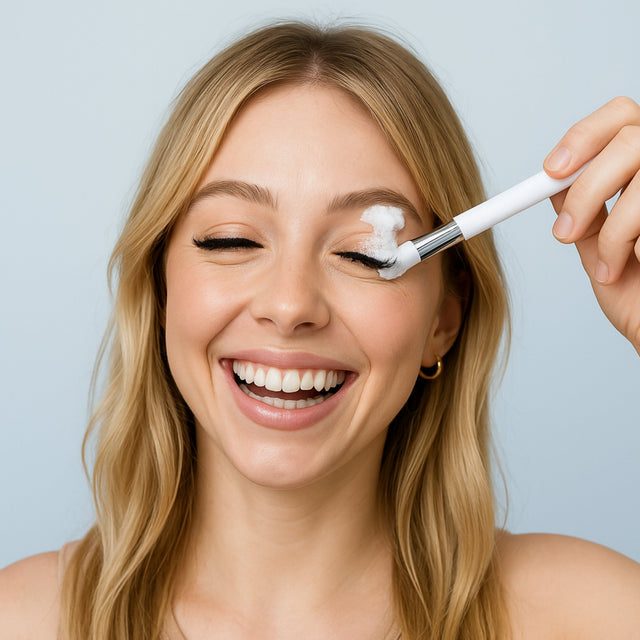Blonde women washing lashes with white foam cleansing and a white cleansing brush on a light blue backgroud
