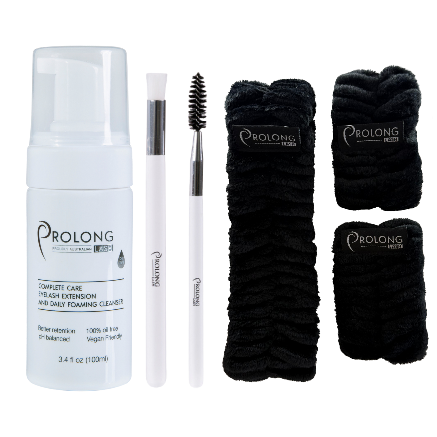Prolong eyelash extension care kit with cleaner, applicator, headband and aborsorbant wristbands on a white background