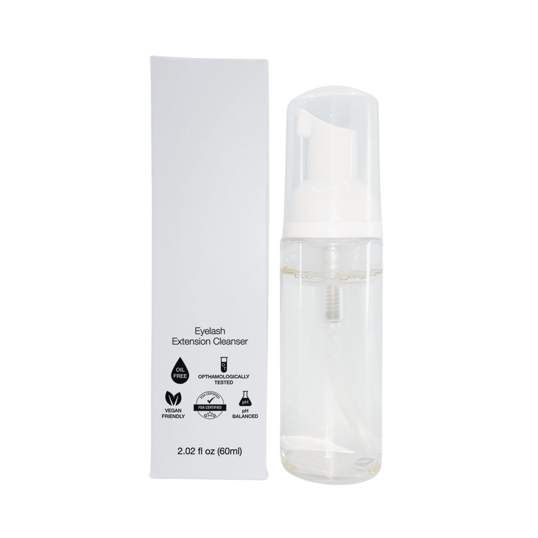 Unlabelled lash cleanser bottle and box